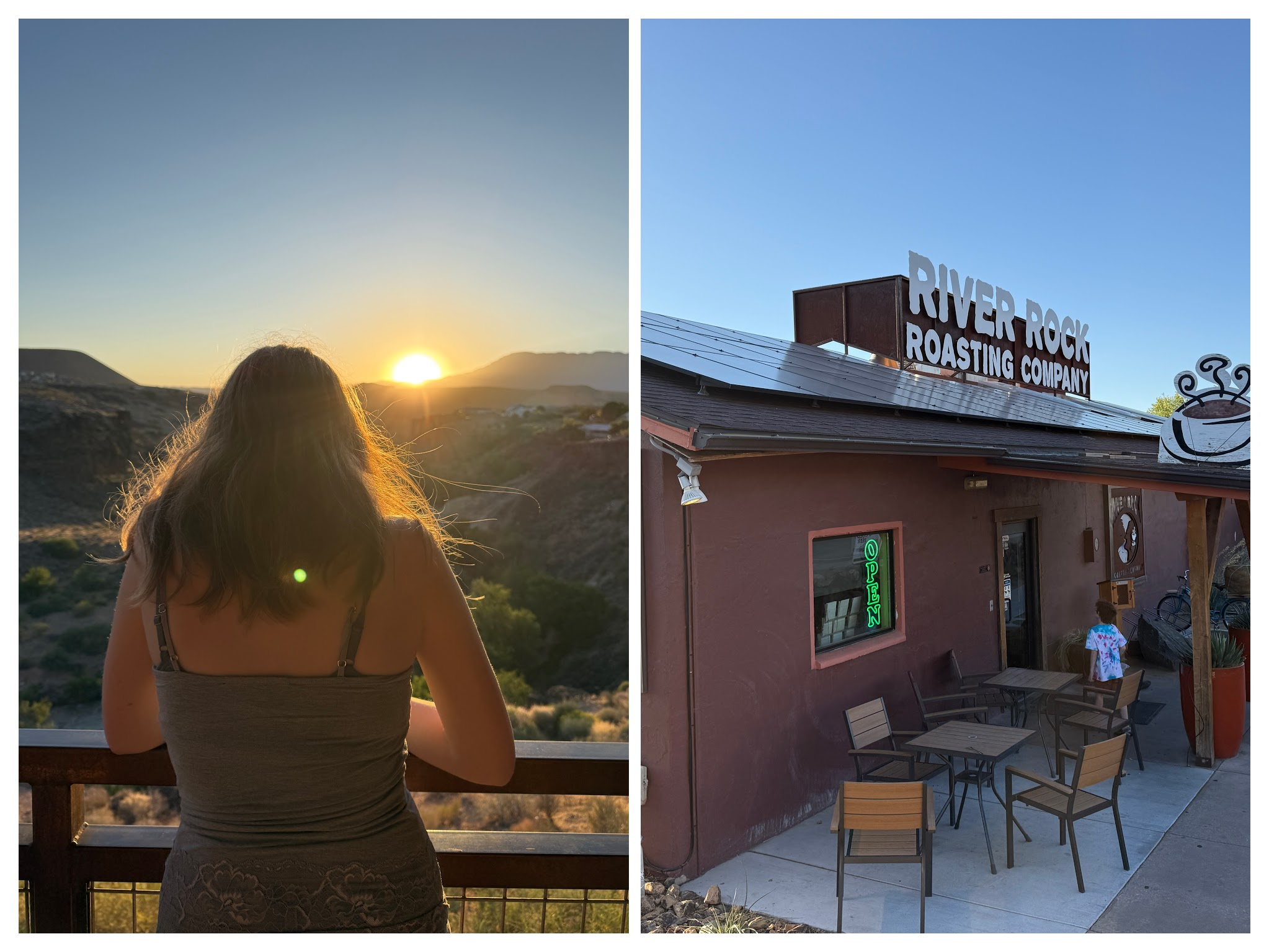 A collage with the image of the front of the River Rock Roastings Company in one picture and the picture of the back of a girl looking out over the sunset from the balcony of the coffee shop