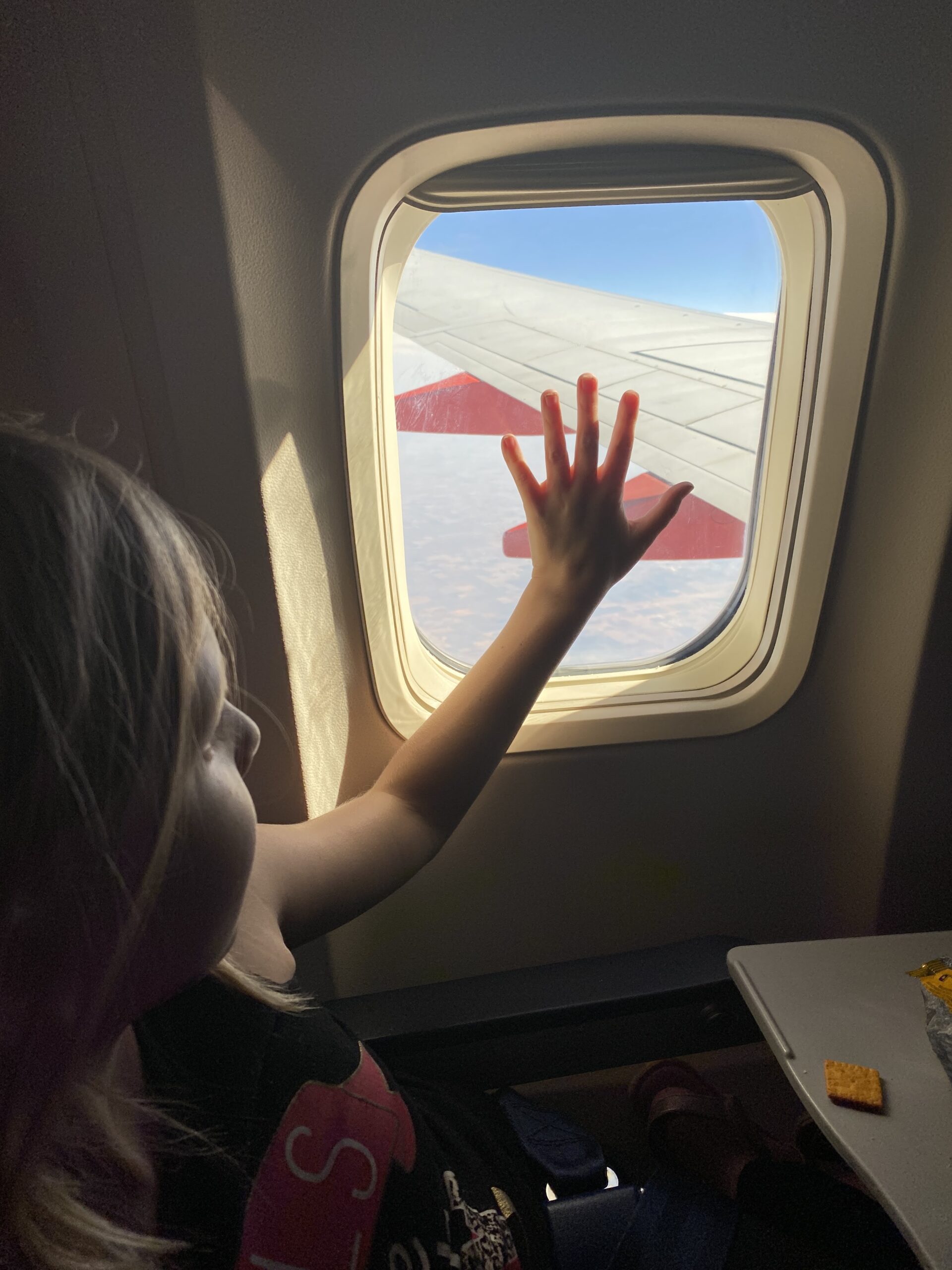 Cate touching window of airplane - Winkler Party of Three
